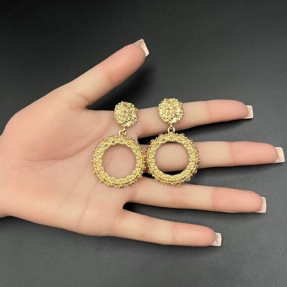 Yellow Gold Double Round Circular Textured Dangling Drop Post Back Earrings - Picture 10 of 10